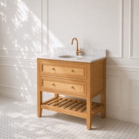 Meuble-lavabo de salle de bain en chêne avec comptoir en marbre, armoire de salle de bain autoportante en bois massif avec 2 tiroirs et étagère de rangement ouverte