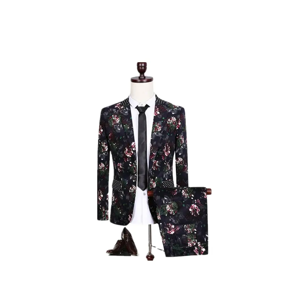Son Tasarım Tek Düğme Erkek Takım Elbise Özel Çiçek Baskı Pantolon Takım Elbise