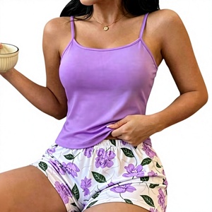 Women's 2-Piece Eco-Friendly 100% Cotton Summer Lounge Set V-Neck Cami Floral Printed Short-Sleeved Shorts Elastic Waist Front - Product Image 6