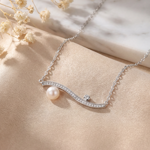 Modern S-shape Wave Bar CZ Natural Freshwater Pearl Necklace <b>Silver</b> Plated Copper Jewelry Curved Pendant <b>Choker</b> for Women - Product Image 2