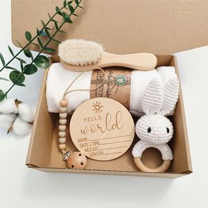 Ensemble de couverture d'emmaillotage en mousseline douce en bambou et coton Chaîne de sucette Crochet Lapin Hochet Nouvelle boîte de bienvenue Jalons Cartes Peigne - Product Image 1