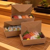 Boîte à bento jetable biodégradable en kraft pliable pour plats à emporter avec languette, logo personnalisé OEM, vente en gros, boîte écologique
