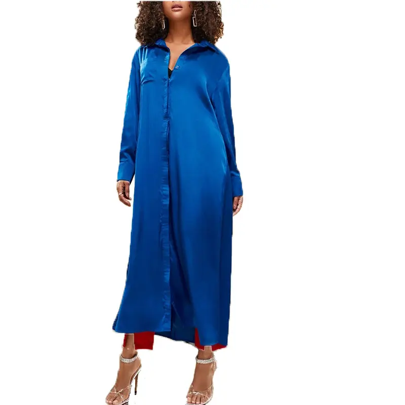Woman Shirts And Blouses Long Sleeve Elegant Tunic Fall Royal Blue Satin Silk Shirt Button Front Women Trench Coat Long Dress