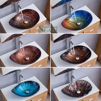 SDAYI fournisseurs peint à la main goutte d'eau art table bassin bleu coloré verre trempé salle de bain évier lavabo accessoires ensembles