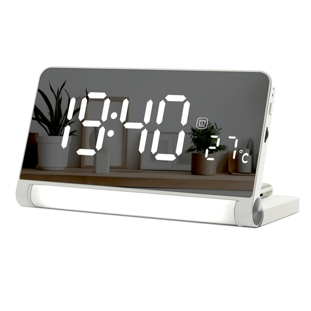 KENUO Custom 3 Color Night Light White Noise Snooze LED Mirror Digital Alarm Clock Wireless Charger