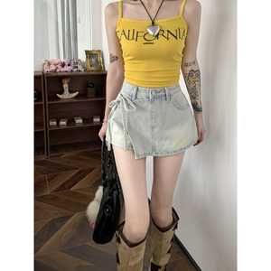 Conjunto de Dos Piezas de Falda Vaquera Azul Claro de Algodón para Mujer, Estilo Informal, Cintura Alta, Recta, con Lazo, Estilo Culottes, Pure Desire, Primavera-Verano 2025 - Product Image 6