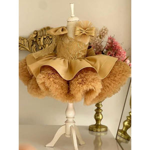 サンセットイエローふわふわオートクチュール子供服ワンショルダーボウデコレーションサテン高品質プリンセスバースデーパーティーガールドレス - Product Image 4