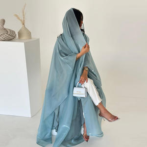 2025 düz renk organze Turkiye Dubai açık Abaya başörtüsü 2-piece Set toptan parlak müslüman Kimono hırka başörtüsü ile - Product Image 5