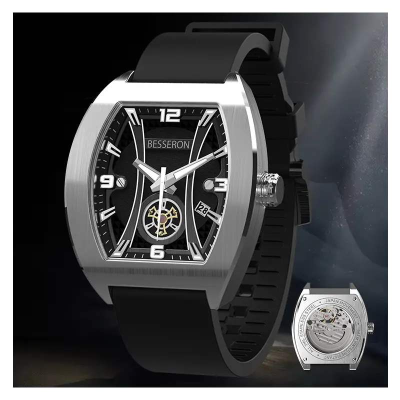 Squelette Tourbillon évider montres mécaniques avec calendrier, Logo personnalisé Relojs de luxe Tonneau Case montre automatique pour hommes