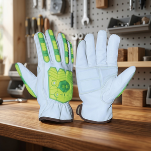 Gants de travail en cuir PU blanc avec embouts et paume antidérapants verts, poignet élastique, gants de sécurité polyvalents - Product Image 4