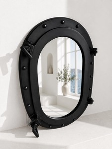 Miroir ovale de qualité supérieure en aluminium, décoration murale nautique, noir, marron, accent marin vintage, disponible à la vente - Product Image 5