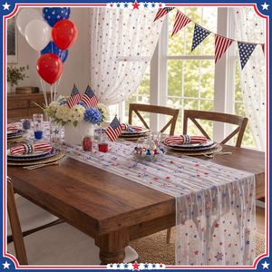 Tiamon Patriotic Table <b>Runner</b> 28 x 120 Inch Embroidered Stars Red White <b>Blue</b> Party Decor USA Flag Theme - Product Image 3