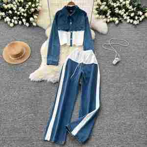 Ensemble décontracté d'automne en jean tissé pour femme, col rabattu, manches longues, taille haute, patchwork, longueur midi, tenue de jogging durable - Product Image 3
