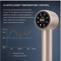 Sèche-cheveux ionique en céramique intelligent à contrôle de température par IA, moteur BLDC haute vitesse, 6 réglages de chaleur, accessoires magnétiques, pour hôtels et camping-cars