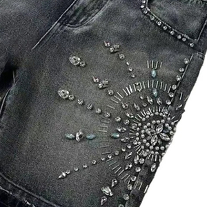 Wholesale Factory Custom Streetwear Baggy Cargo Fringed Hem Jeans Shorts Distressed Washed Denim Shorts Men with Rhinestones