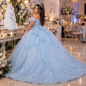 Lsdz023-Pz Vestido de Gala Azul Cerúleo Opulento con Escote Corazón, Apliques de Cristal, Lentejuelas, Adorno de Crin y Falda de Tul para Fiesta de Quinceañera - Product Image 4