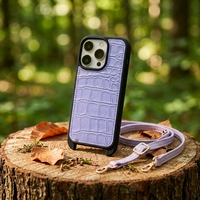 Étui de téléphone de luxe en cuir véritable bleu croco avec cordon, gaufré, pour 18 Pro Max, ajustement fin, antichoc, OEM, personnalisé en usine