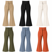 Pantalon évasé taille haute pour femme, style paper-bag, avec ceinture à anneaux en D, poches fendues, mélange coton-lin, 6 couleurs, personnalisable OEM