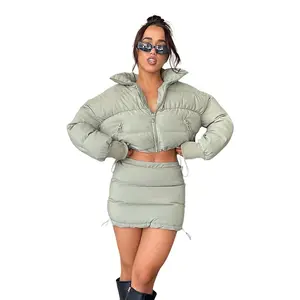 2022 winter fashion bubble round collar 2 piece set women jacket with mini skirt casual set