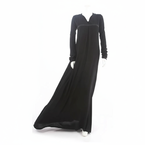 Robe Abaya trapèze noire pure pour femmes col en V Double bouton longue tenue décontractée en tissu de bambou écologique vêtements musulmans - Product Image 1