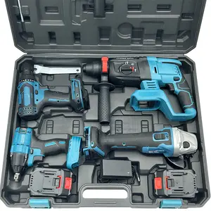Juegos de herramientas eléctricas inalámbricas azules y amarillas con 4 baterías 2 cargadores 4 piezas máquina