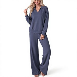 Ensemble décontracté 2 pièces pour femme : Sweat-shirt à col polo à manches longues et pantalon large à cordon de serrage, 280 GSM, 100 % coton - Product Image 5