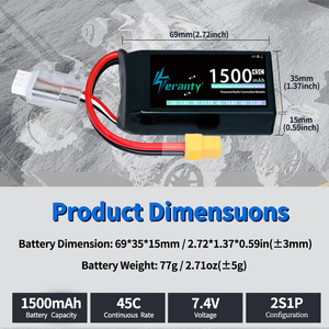 แบตเตอรี่ลิโพ TERANTY 2S 3S 4S 7.4V 11.1V 14.8V 1500mAh 45C สำหรับรถบังคับ เรือบังคับ โดรน ควอดคอปเตอร์ รถบรรทุก เครื่องบิน FPV - Product Image 2