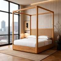 Cama con Dosel de Diseño Personalizado con Estructura de Madera Maciza, Acabado en Madera Clara y Opción de Tela de Mimbre o Cabecera de Madera para Villa Privada