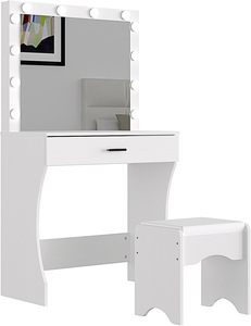 Toeletta con Specchio e Lampada, Nera, Misura Media, Installazione su Piano, Toeletta con Sgabello, per Camera da Letto - Product Image 1