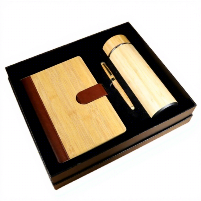 High Quality Bamboo 3 in 1 Office Notebook Business Corporate Gift Set Luxury Promotional Custom Logo 2024