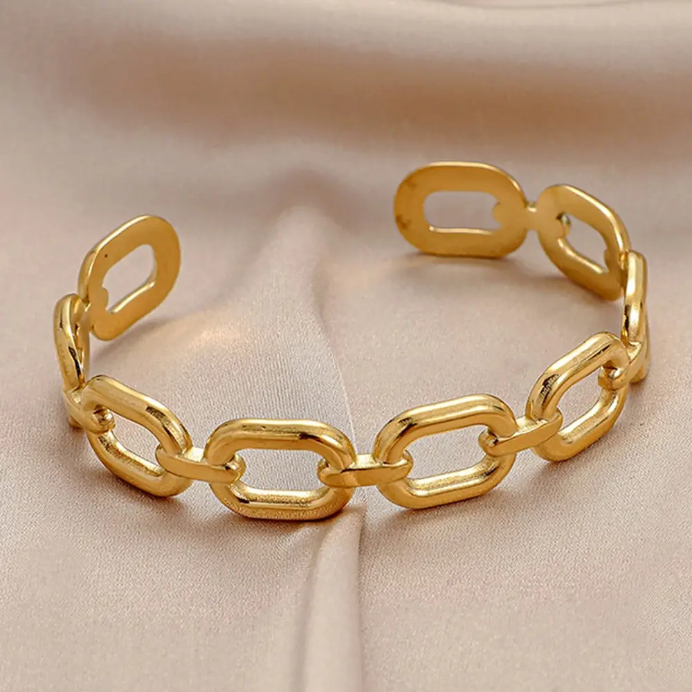 Custom Personalized Women Chain titanium steel Cuff Bangles Wide Buckle Gold Hollow Cut Plating Cuba Chain Bracelet
