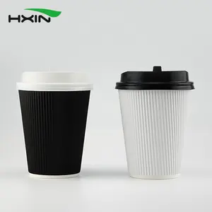 Sekali Pakai 8Oz/12Oz/16Oz Cangkir Kertas PLA / PE Dilapisi Riak Putih Hitam Dinding Ganda Cangkir Kopi