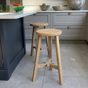 Taburete Redondo de Madera Reciclada de Olmo Sólido, Silla Alta para Isla de Cocina, Asiento Rústico Vintage para Comedor o Cafetería - Product Image 3