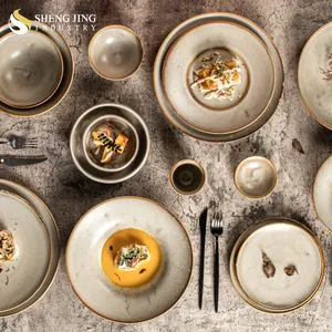 Shengjing Vintage porselen gri plaka yemekleri restoran otel ziyafet seramik benekli yemek seti için çanak çömlek