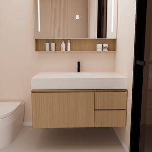 طقم حمام بتصميم خشبي عصري مع حوض من الأكريليك ذو سطح صلب وخزانة خشبية صديقة للبيئة مثبتة على الحائط بملمس دافئ وسهلة التنظيف - Product Image 4
