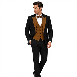 Costume de smoking 3 pièces anti-plis 100 % polyester noir pour homme WARPRO INDUSTRY avec revers contrastant marron - Product Image 4