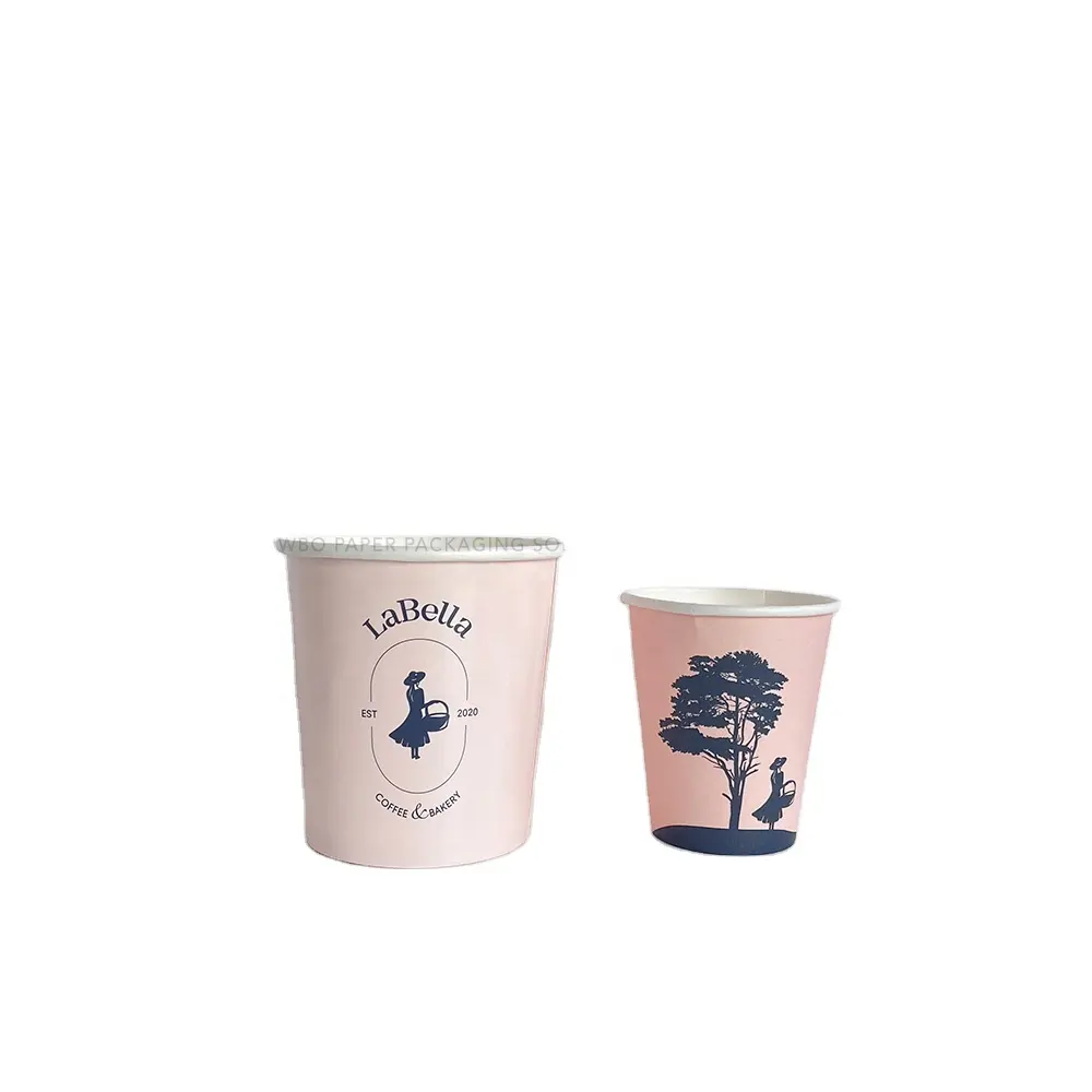 लट्टे चाय फ्लैट सफेद चाय कॉफी के लिए ढक्कन के साथ कस्टम 7oz मेडन अंडर ट्री सिल्हूट इमेज मुद्रित गुलाबी सिंगल वॉल पेपर कप
