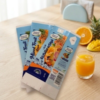 Boîte de présentation en carton ondulé recyclable, marque ECO, qualité alimentaire, finition brillante mate, motif fruits tropicaux, boissons énergisantes, jus