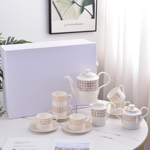 Hot Selling European Gold Grid 15 Piece Ceramic Bone China Luxury Royal Eco-Friendly <b>Coffee</b> Set - Product Image 4