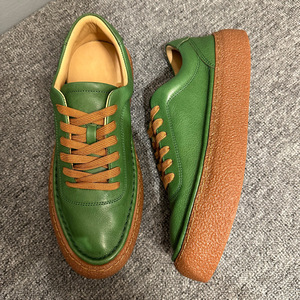 Genuine <b>Leather</b> Men's <b>Sneakers</b> Green Low Top Lace Up Casual Shoes Soft Cowhide Chunky Sole Fashionable Simple Design - Product Image 3