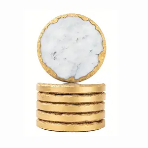 Round Natural White Marble Gold Fancy Edge Handmade Round Modern Coasters