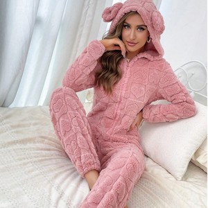 Comodo <span class=keywords><strong>Pigiama</strong></span> da <span class=keywords><strong>Donna</strong></span> in Pile di Cotone con Cappuccio e Orecchie, per Uso Familiare e Casual - Product Image 1
