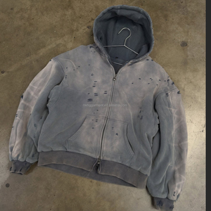 เสื้อฮู้ดซิปผ้าคอตตอนวาฟเฟิลแบบสั่งทำพิเศษ หนานุ่ม ทรงโอเวอร์ไซส์ สไตล์ดิสเทรส ล้างสีแบบแอซิดวอช สำหรับผู้ชาย - Product Image 3