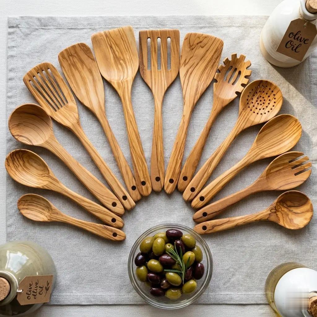 Olive Wood Wooden Cooking Utensil Set with Spatula, Cooking Mixing Spoon, Salad Spoon and Fork