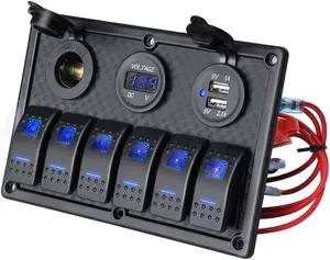 6 Gang Rocker Switch Panel Waterproof Fuse Panel Dual USB Charger Port DC 12V Power Socket 12/24V Breaker Switches for RV Marine