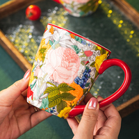 Tasse en céramique motif floral avec bord rouge, exquise pour le petit-déjeuner, idéale pour la maison et le bureau, pour le thé et le café au quotidien