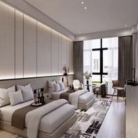 Suite de mobilier sur mesure pour chambre d'hôtel étoilé, lit double plateforme avec placard intégré et comptoir de travail