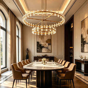 Lámpara de Araña Moderna de Dos Niveles con Anillos de Cristal y Acabado Dorado para Vestíbulos de Hoteles, Villas y Proyectos de Salas de Estar - Product Image 1