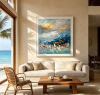 Peinture originale à la main, art mural texturé abstrait de coucher de soleil sur le port et bateau à voile, paysage côtier unique en son genre
