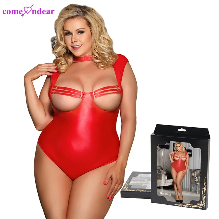 ออกแบบใหม่ผู้หญิงไขมันสีแดงเปิดถ้วย Frontless Bra ซิปผู้หญิงหนังเร้าอารมณ์ผู้หญิง Plus ขนาดชุดชั้นใน Bodysuit
